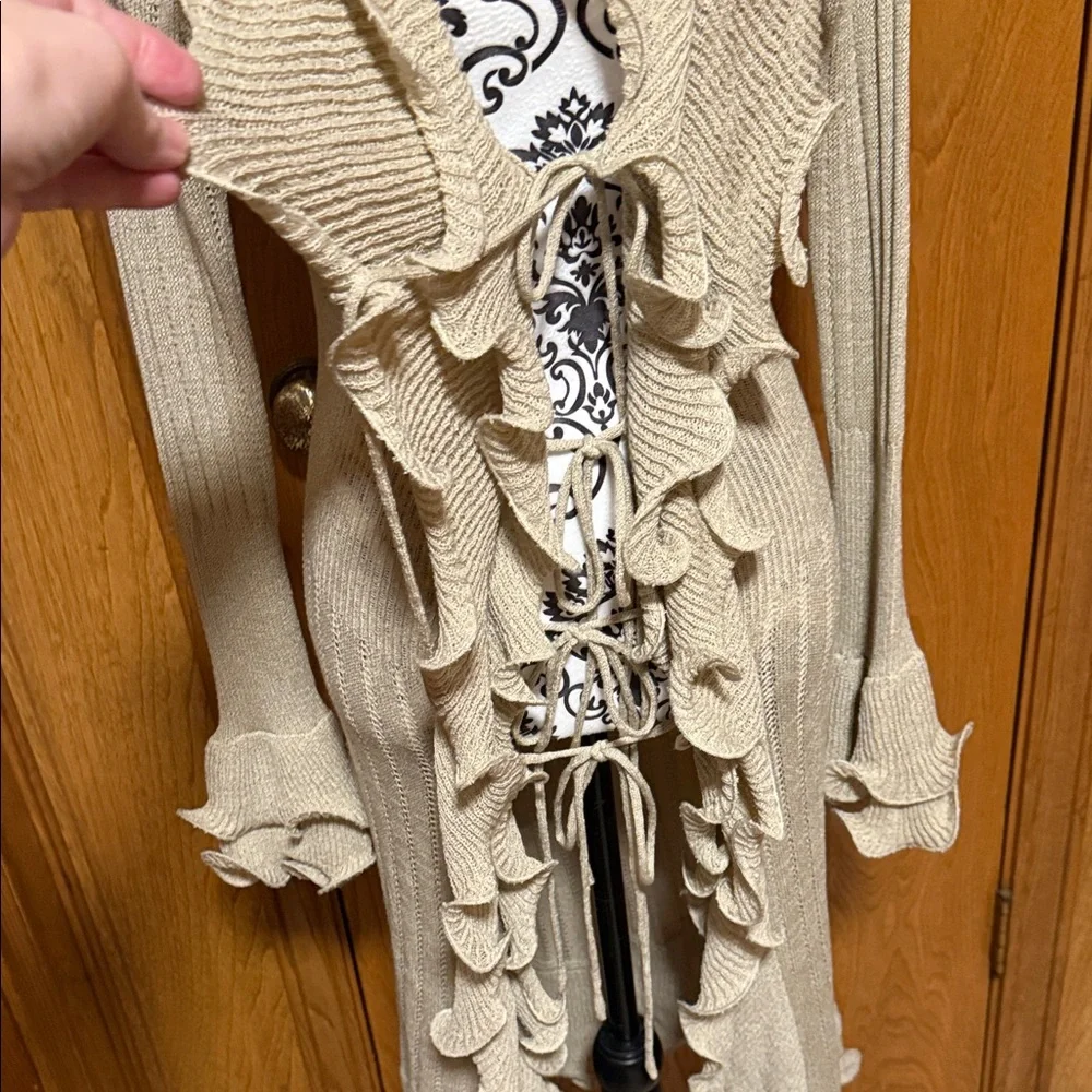 Boston Proper Tan Waterfall Ruffled Longline Cardigan with Ties Lightweight Med - Picture 11 of 11